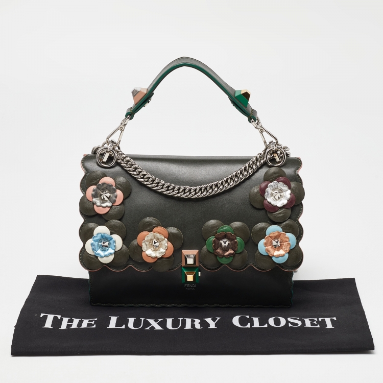 Pre Owned Fendi Green Floral Applique Leather Medium Kan I Top Handle Bag