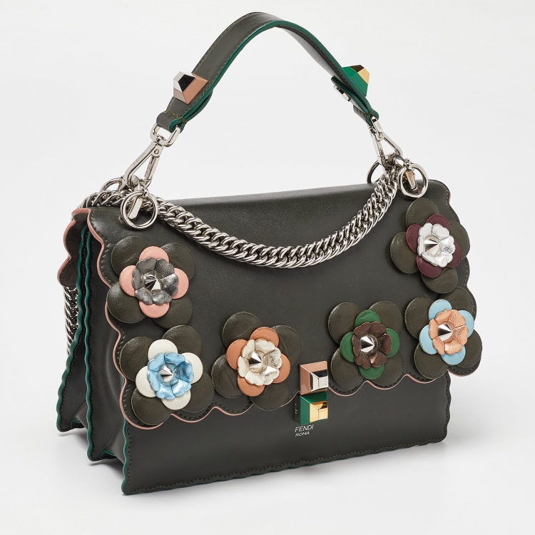 Pre Owned Fendi Green Floral Applique Leather Medium Kan I Top Handle Bag