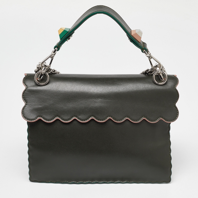 Pre Owned Fendi Green Floral Applique Leather Medium Kan I Top Handle Bag
