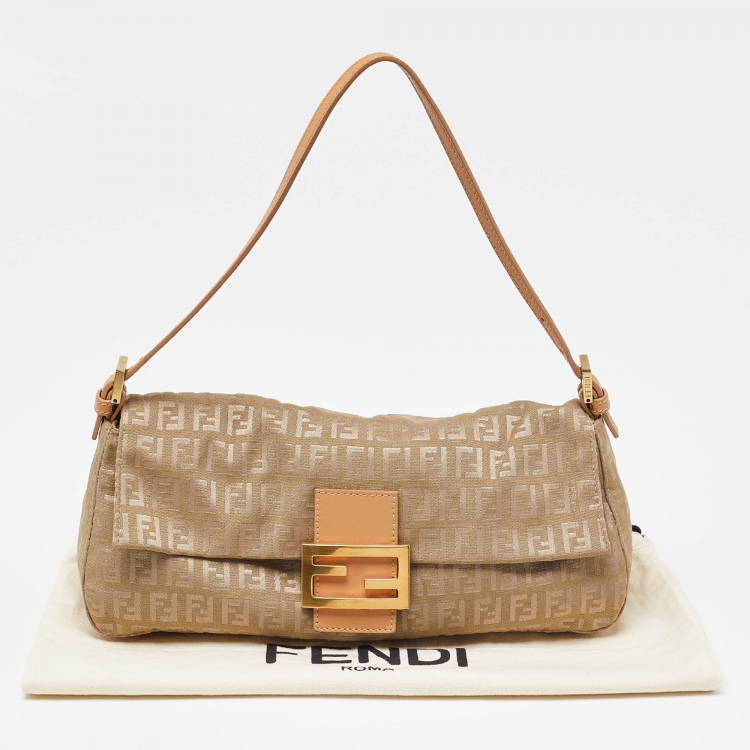 Pre Owned Fendi Beige Zucchino Canvas and Leather Baguette Bag