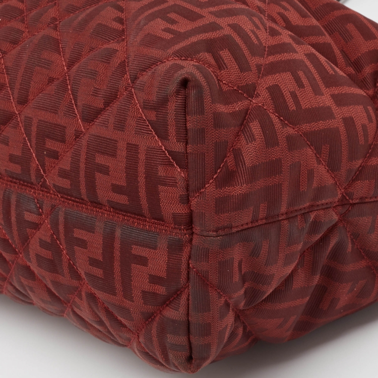 Pre Owned Fendi Red Zucca Canvas and Patent Leather Medium Roll Shopper Tote
