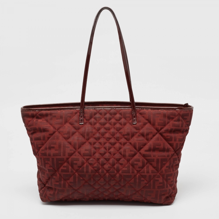 Pre Owned Fendi Red Zucca Canvas and Patent Leather Medium Roll Shopper Tote