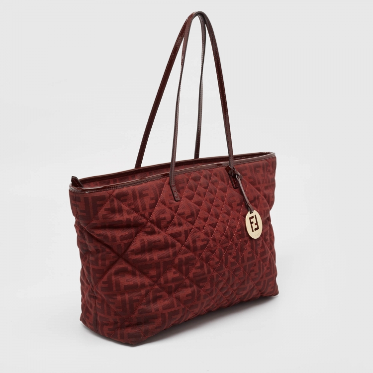 Pre Owned Fendi Red Zucca Canvas and Patent Leather Medium Roll Shopper Tote