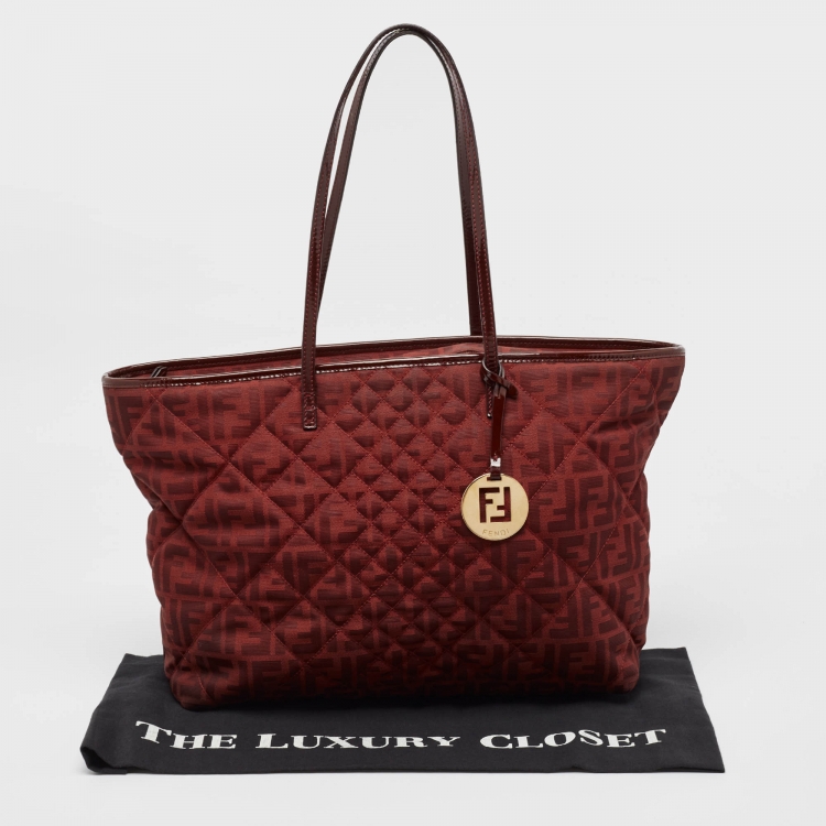 Pre Owned Fendi Red Zucca Canvas and Patent Leather Medium Roll Shopper Tote
