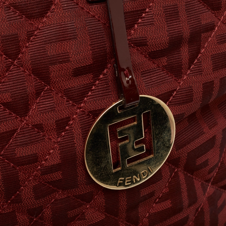 Pre Owned Fendi Red Zucca Canvas and Patent Leather Medium Roll Shopper Tote