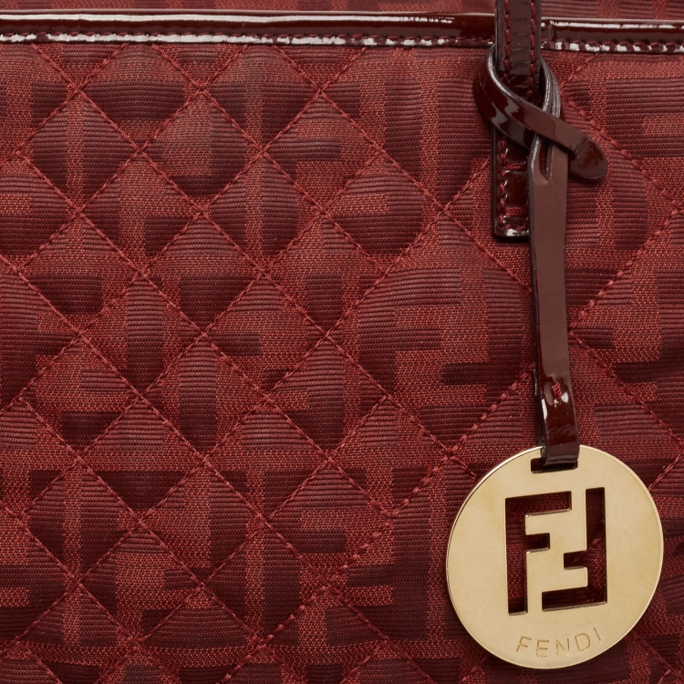 Pre Owned Fendi Red Zucca Canvas and Patent Leather Medium Roll Shopper Tote