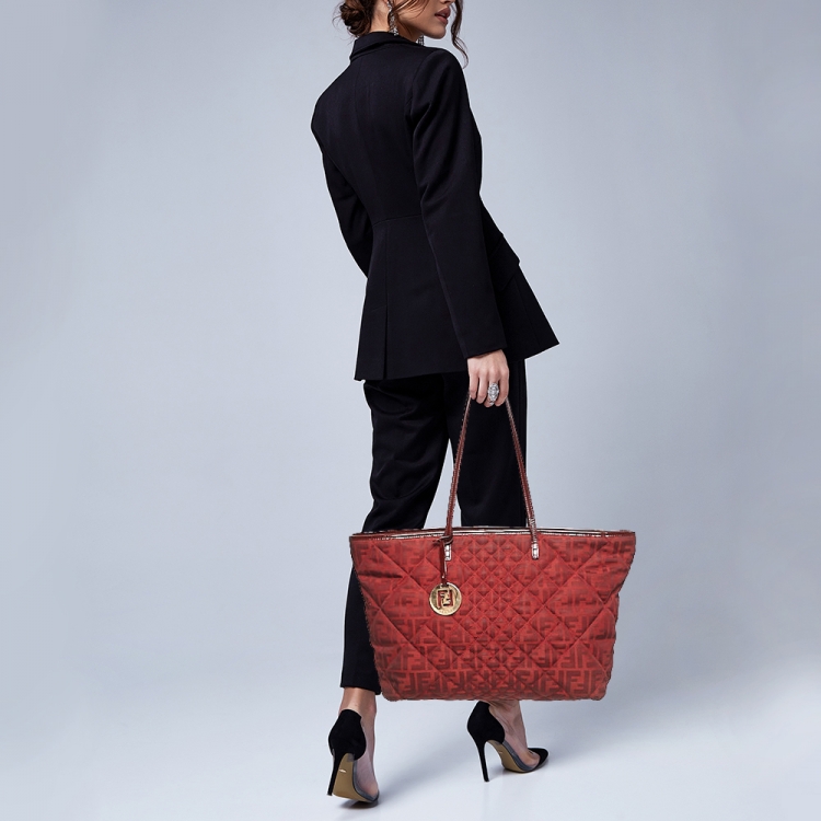 Pre Owned Fendi Red Zucca Canvas and Patent Leather Medium Roll Shopper Tote