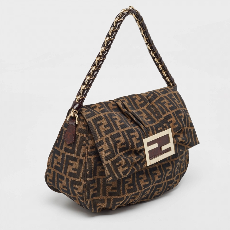 Pre Owned Fendi Tobacco Zucca Canvas and Patent Leather Mia Flap Shoulder Bag