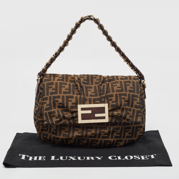 Pre Owned Fendi Tobacco Zucca Canvas and Patent Leather Mia Flap Shoulder Bag