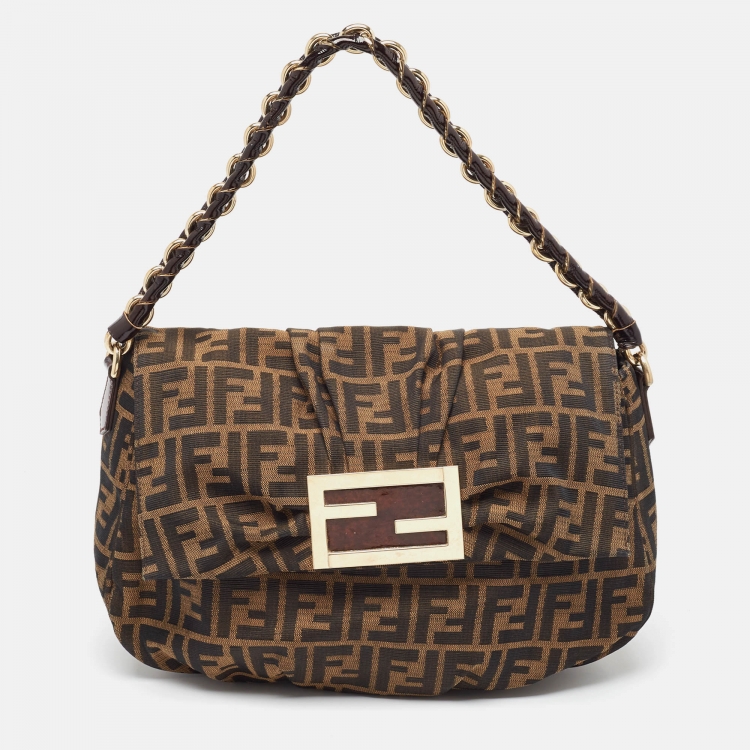 Pre Owned Fendi Tobacco Zucca Canvas and Patent Leather Mia Flap Shoulder Bag