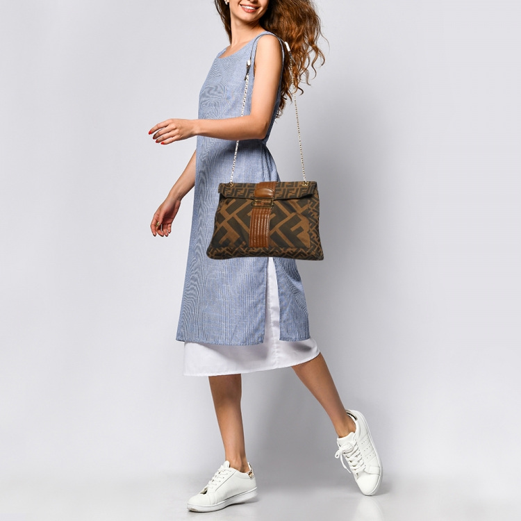 Pre Owned Fendi Tobacco Zucca Canvas and Leather Maxi Baguette Flap Shoulder Bag
