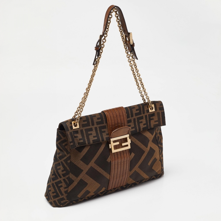 Pre Owned Fendi Tobacco Zucca Canvas and Leather Maxi Baguette Flap Shoulder Bag