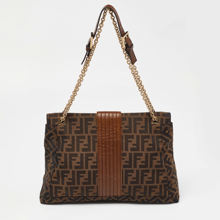 Pre Owned Fendi Tobacco Zucca Canvas and Leather Maxi Baguette Flap Shoulder Bag