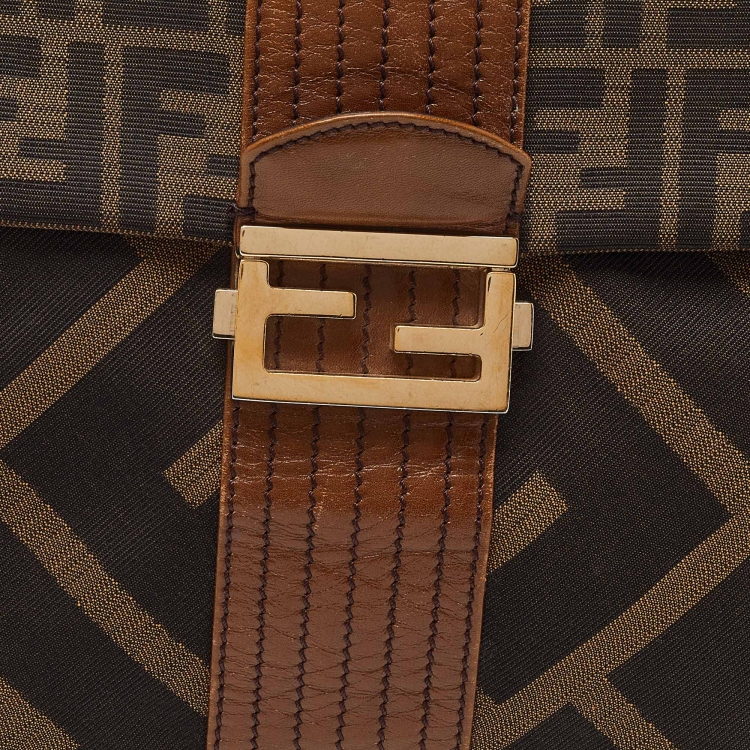 Pre Owned Fendi Tobacco Zucca Canvas and Leather Maxi Baguette Flap Shoulder Bag