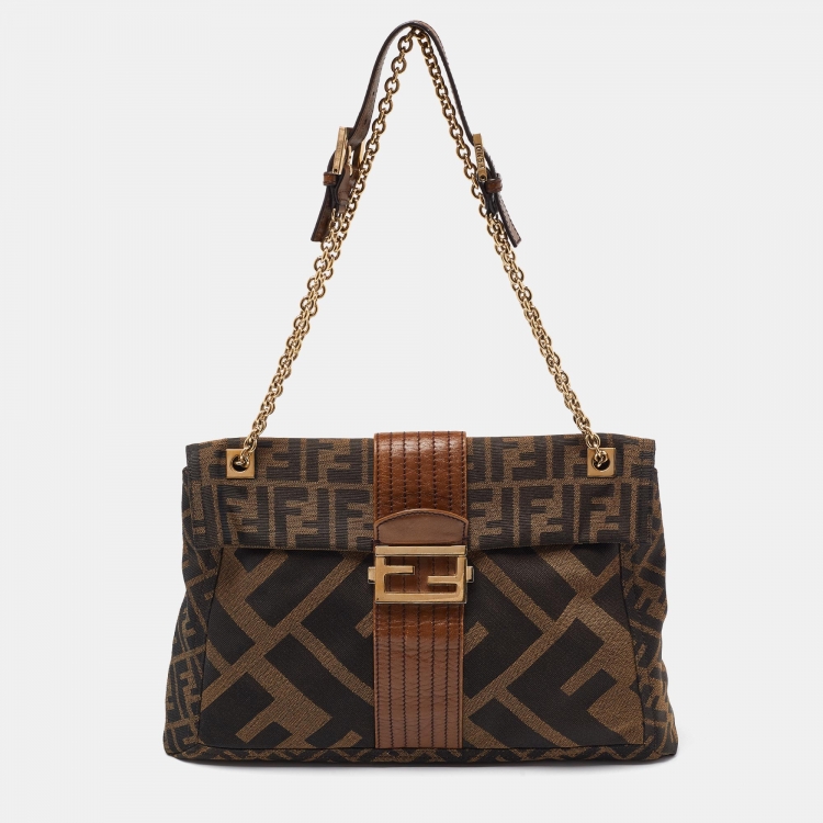 Pre Owned Fendi Tobacco Zucca Canvas and Leather Maxi Baguette Flap Shoulder Bag