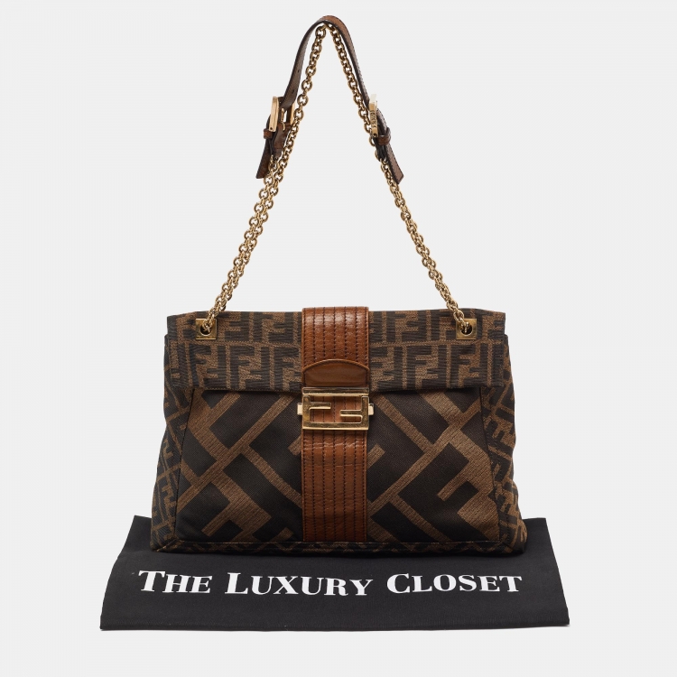 Pre Owned Fendi Tobacco Zucca Canvas and Leather Maxi Baguette Flap Shoulder Bag