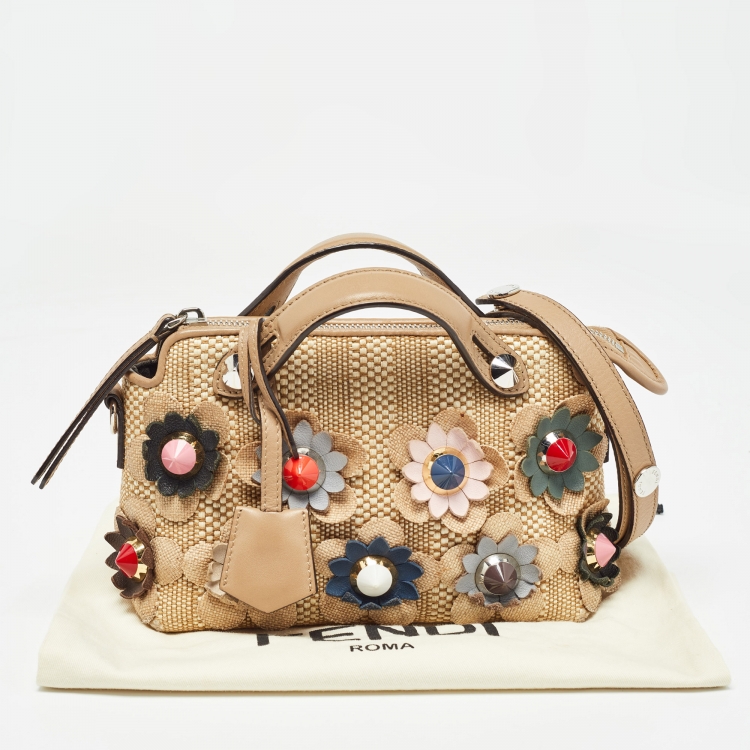 Pre Owned Fendi Beige Raffia and Leather Mini Flowerland By The Way Shoulder Bag