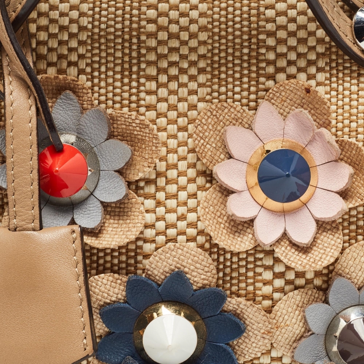 Pre Owned Fendi Beige Raffia and Leather Mini Flowerland By The Way Shoulder Bag
