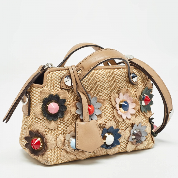 Pre Owned Fendi Beige Raffia and Leather Mini Flowerland By The Way Shoulder Bag