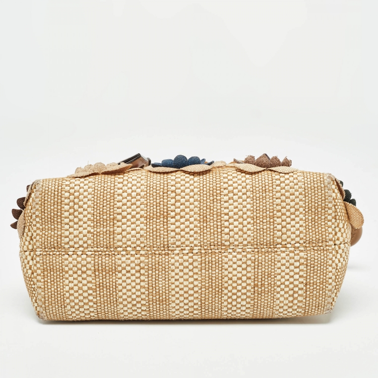Pre Owned Fendi Beige Raffia and Leather Mini Flowerland By The Way Shoulder Bag