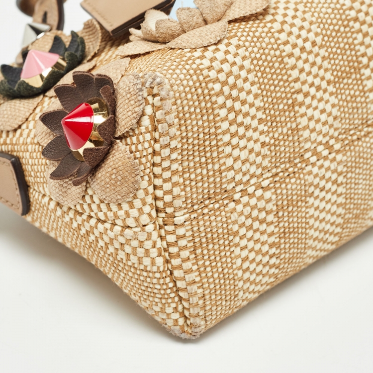 Pre Owned Fendi Beige Raffia and Leather Mini Flowerland By The Way Shoulder Bag