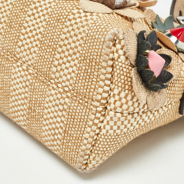 Pre Owned Fendi Beige Raffia and Leather Mini Flowerland By The Way Shoulder Bag