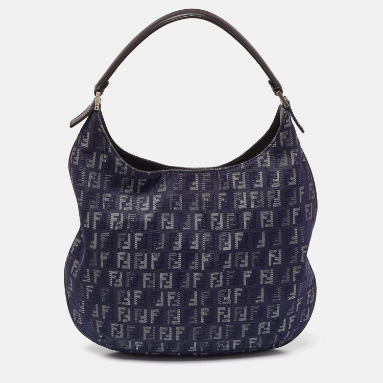 Pre Owned Fendi Blue/Brown Zucchino Fabric and Leather Hobo