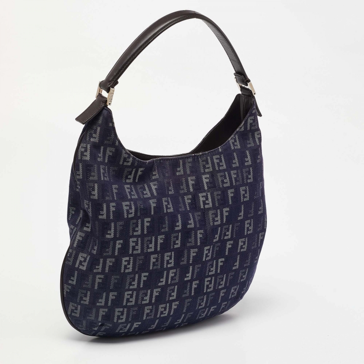 Pre Owned Fendi Blue/Brown Zucchino Fabric and Leather Hobo