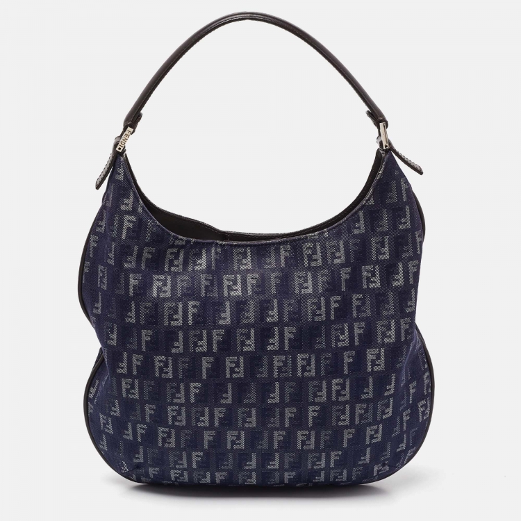 Pre Owned Fendi Blue/Brown Zucchino Fabric and Leather Hobo