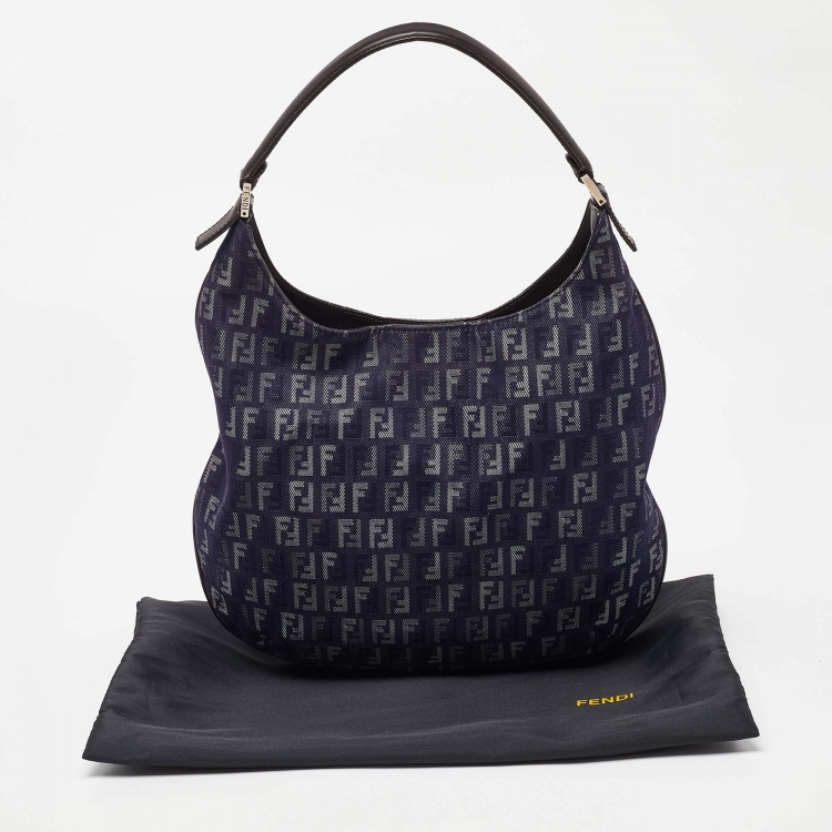 Pre Owned Fendi Blue/Brown Zucchino Fabric and Leather Hobo