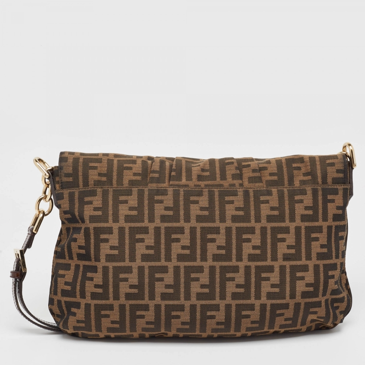 Pre Owned Fendi Tobacco Zucca Canvas and Patent Leather Mia Flap Bag