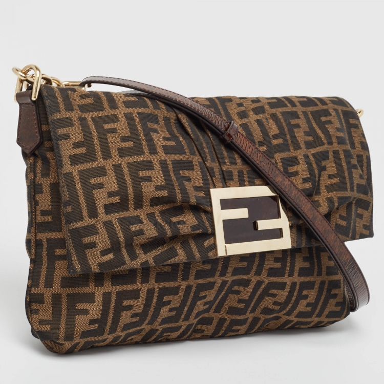 Pre Owned Fendi Tobacco Zucca Canvas and Patent Leather Mia Flap Bag