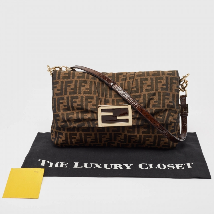 Pre Owned Fendi Tobacco Zucca Canvas and Patent Leather Mia Flap Bag