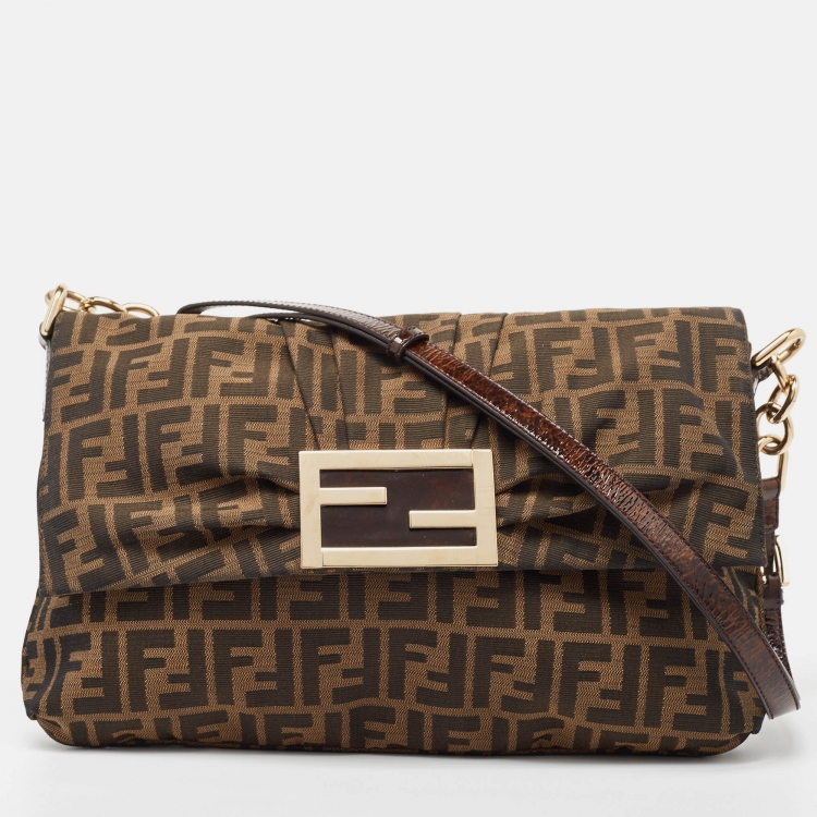 Pre Owned Fendi Tobacco Zucca Canvas and Patent Leather Mia Flap Bag