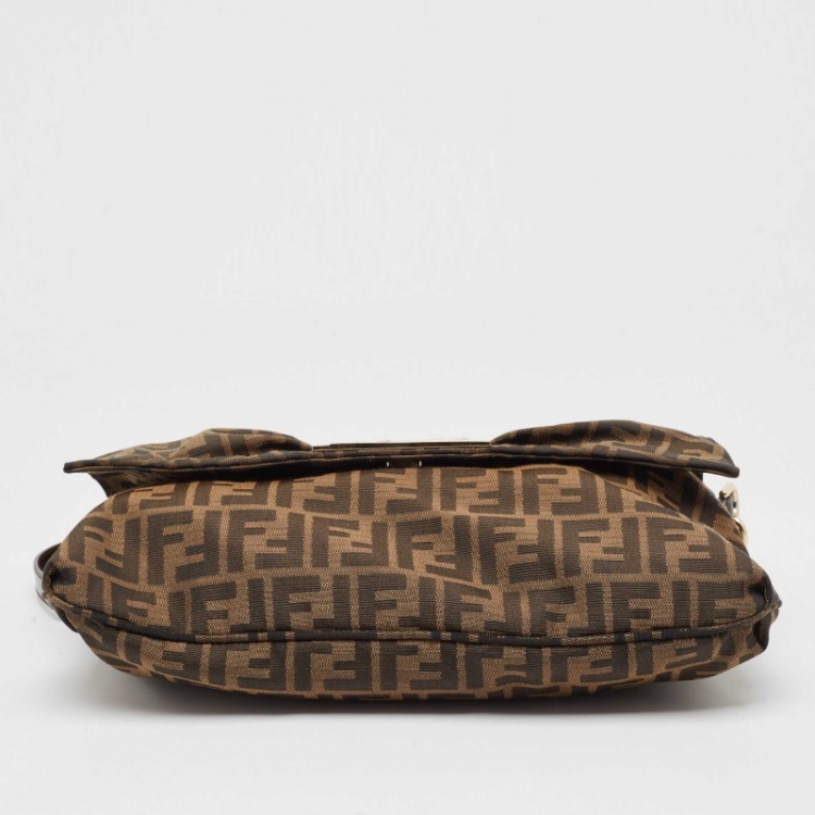Pre Owned Fendi Tobacco Zucca Canvas and Patent Leather Mia Flap Bag