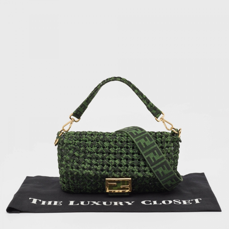 Pre Owned Fendi Green Jacquard Woven Fabric Medium Baguette Bag