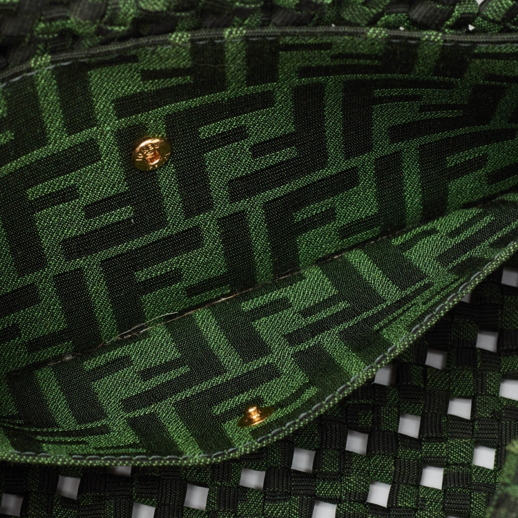 Pre Owned Fendi Green Jacquard Woven Fabric Medium Baguette Bag