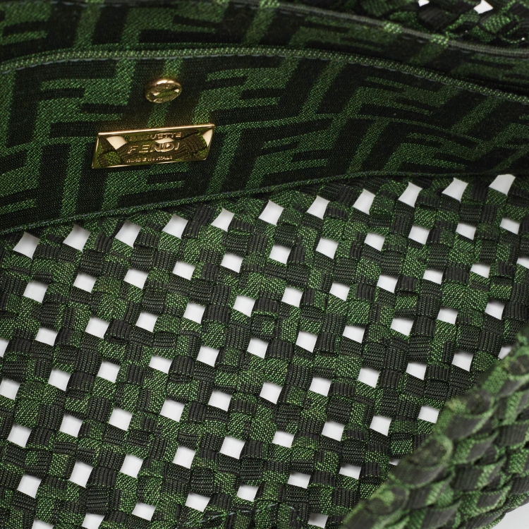 Pre Owned Fendi Green Jacquard Woven Fabric Medium Baguette Bag