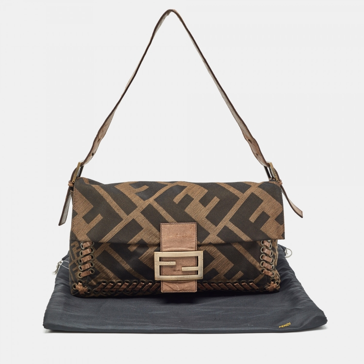 Pre Owned Fendi Tobacco Zucca Canvas and Leather Large Whipstitch Baguette Bag