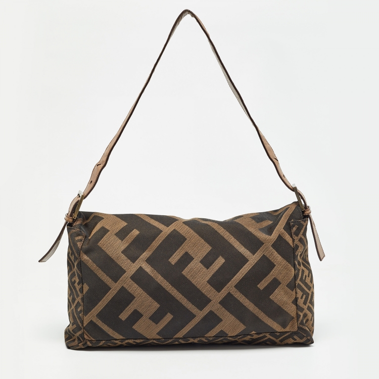 Pre Owned Fendi Tobacco Zucca Canvas and Leather Large Whipstitch Baguette Bag