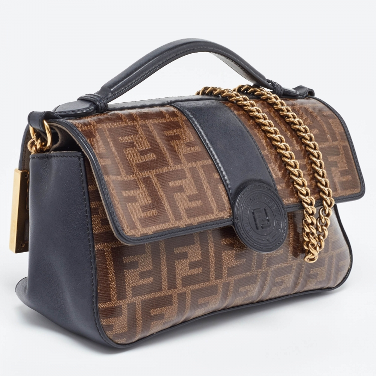مملوكة مسبقًا Fendi Black/Tobacco Zucca Coated Canvas and Leather Double F Top Handle Bag
