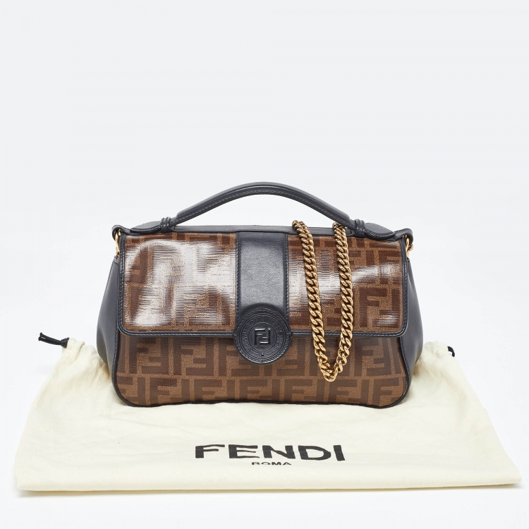 مملوكة مسبقًا Fendi Black/Tobacco Zucca Coated Canvas and Leather Double F Top Handle Bag