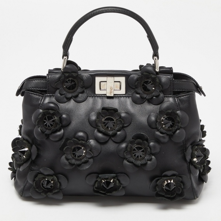 مملوكة مسبقًا Fendi Black Leather Mini Peekaboo Flowerland Top Handle Bag