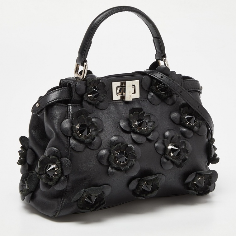 مملوكة مسبقًا Fendi Black Leather Mini Peekaboo Flowerland Top Handle Bag