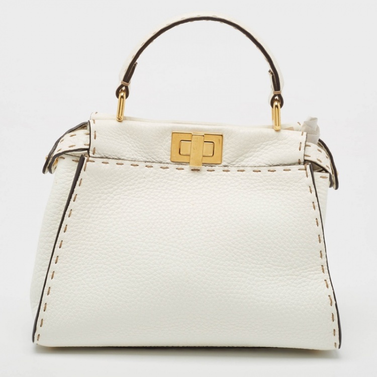 Pre Owned Fendi White Selleria Leather Mini Peekaboo Top Handle Bag