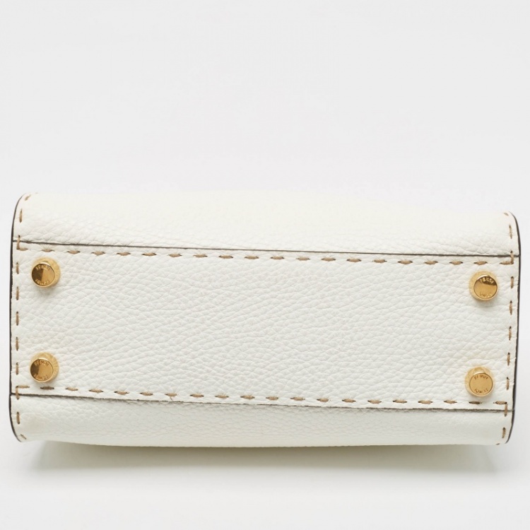Pre Owned Fendi White Selleria Leather Mini Peekaboo Top Handle Bag