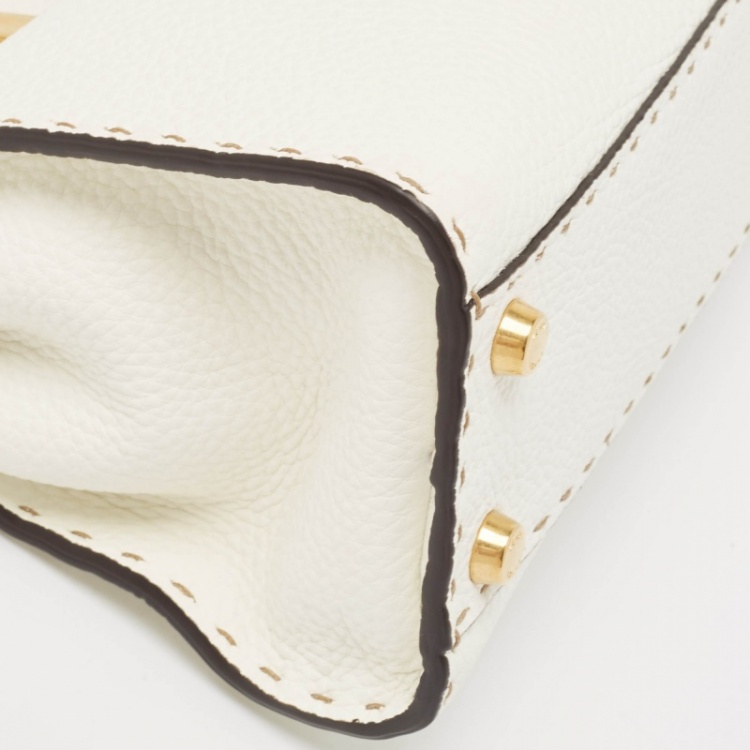 Pre Owned Fendi White Selleria Leather Mini Peekaboo Top Handle Bag
