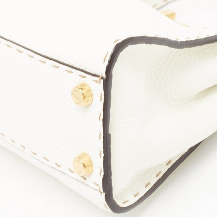 Pre Owned Fendi White Selleria Leather Mini Peekaboo Top Handle Bag