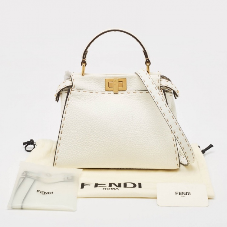 Pre Owned Fendi White Selleria Leather Mini Peekaboo Top Handle Bag