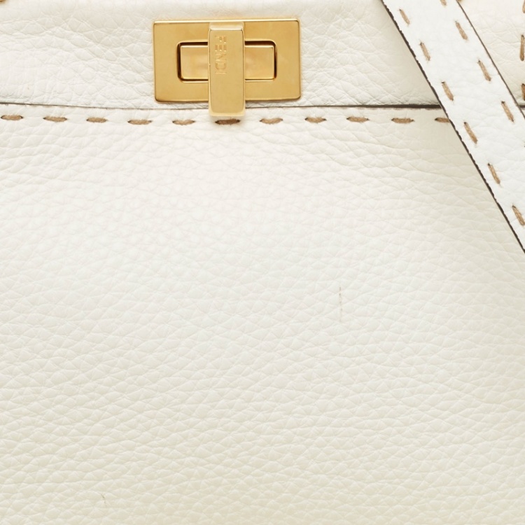 Pre Owned Fendi White Selleria Leather Mini Peekaboo Top Handle Bag